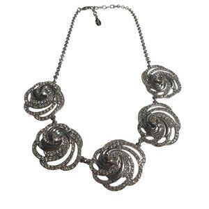Ann Taylor Statement Necklace Rose Silver Tone Rhinestone Chain Adjustable Gift